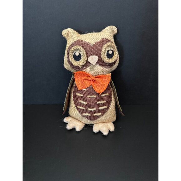 Fall Burlap Owl With Orange Bow Tie & Felt Details - Rustic Autumn Decor - Picture 2 of 9